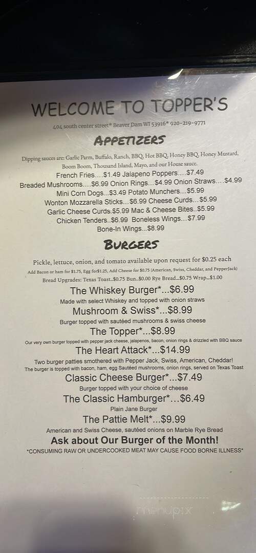Topper's Tap - Beaver Dam, WI menu_pic