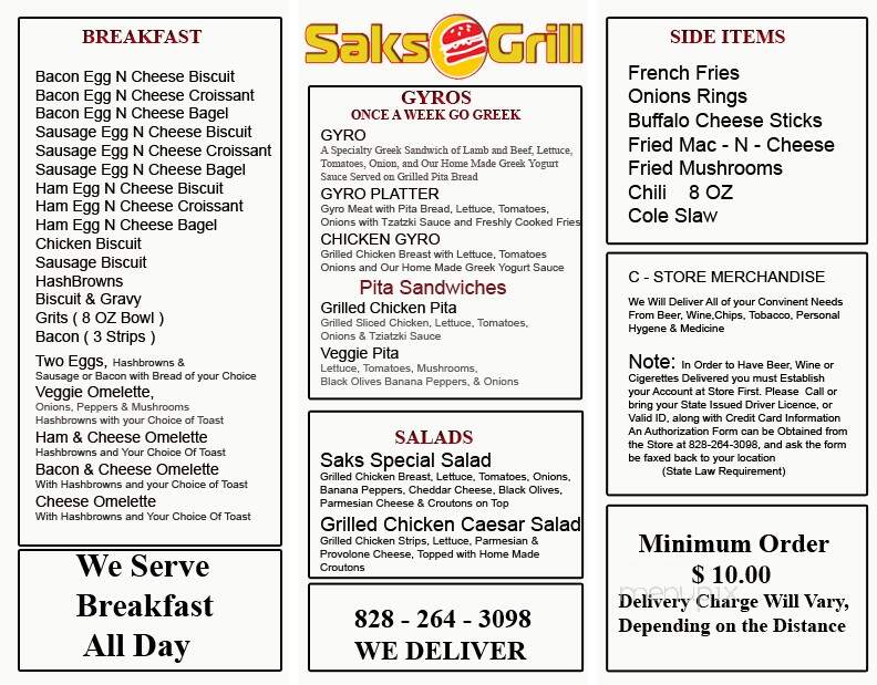 Saks Grill - Boone, NC menu_pic