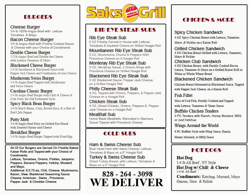 Saks Grill - Boone, NC menu_pic