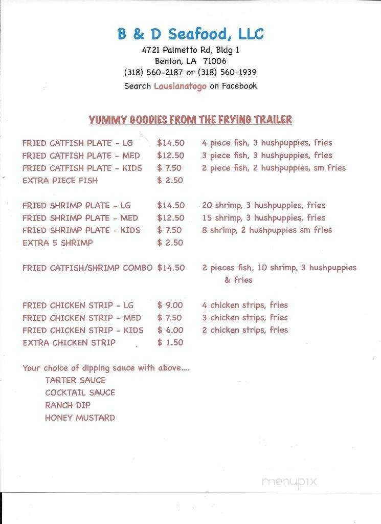 B & D Seafood - Benton, LA menu_pic