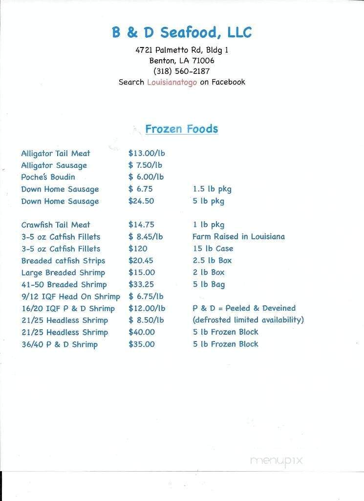 B & D Seafood - Benton, LA menu_pic