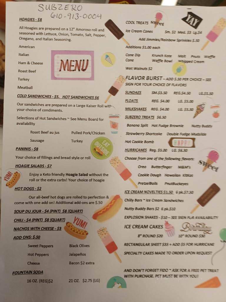 Subzero Soft Serve & Deli - Elverson, PA menu_pic