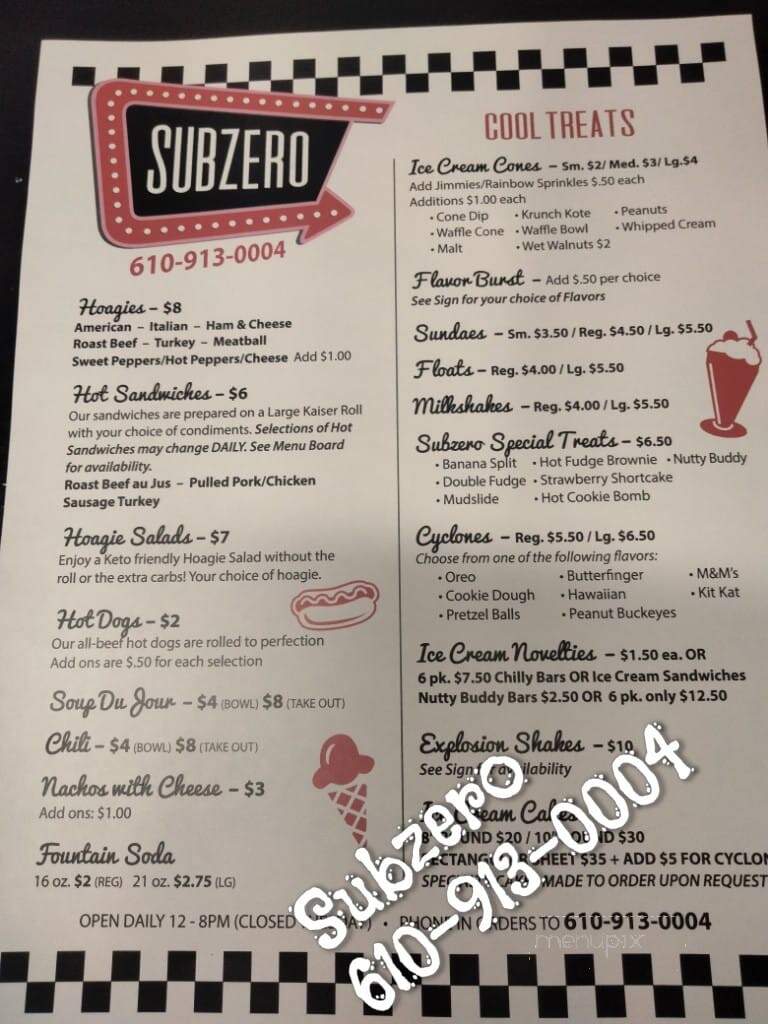 Subzero Soft Serve & Deli - Elverson, PA menu_pic