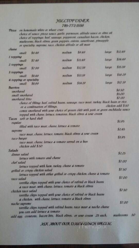 Hill Top Diner - Lackland Afb, TX menu_pic