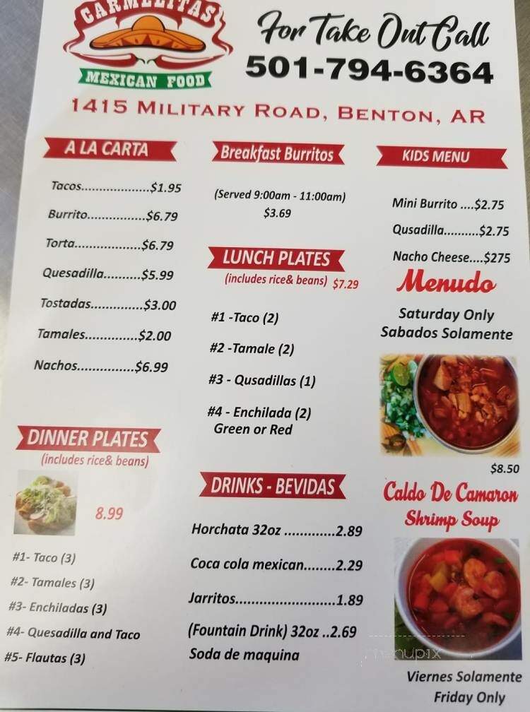 Carmelita's Mexican Food - Benton, AR menu_pic