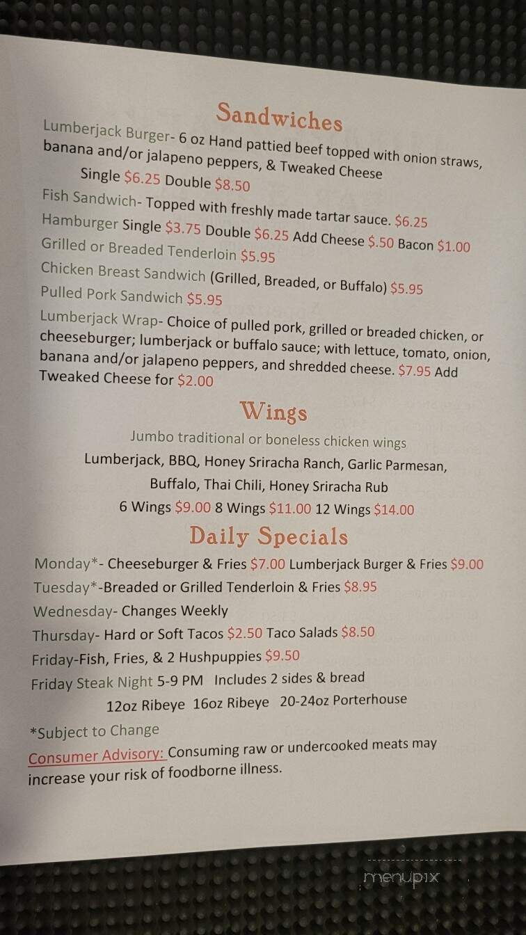 Lumberjack's Bar & Grill - Butlerville, IN menu_pic