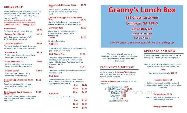 Granny's Lunch Box - Lumpkin, GA menu_pic