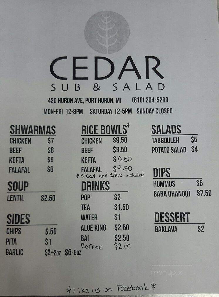 Cedar Sub & Salad - Port Huron, MI menu_pic