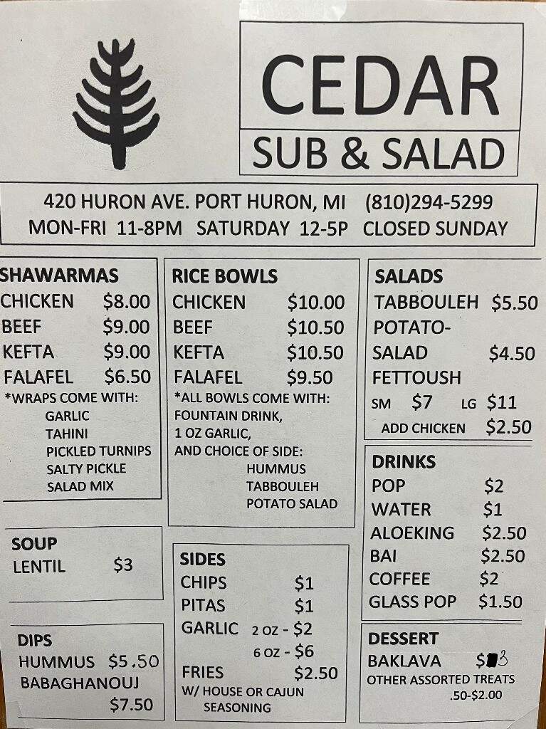 Cedar Sub & Salad - Port Huron, MI menu_pic