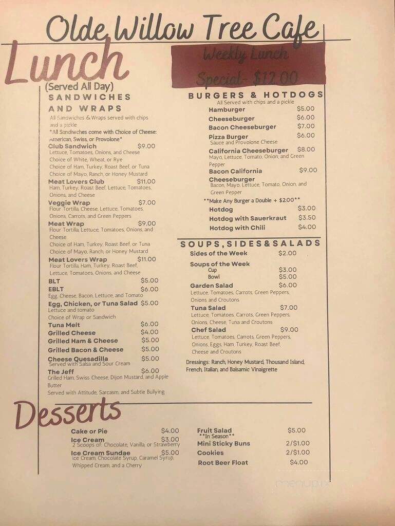 Olde Willow Tree Cafe - Myerstown, PA menu_pic