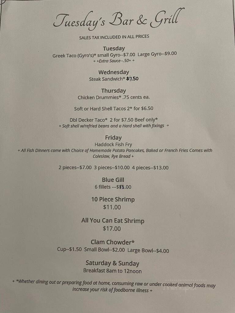 Tuesday's Bar & Grill - New Lisbon, WI menu_pic