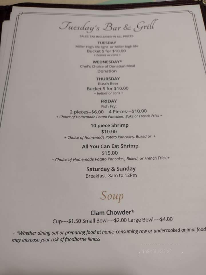 Tuesday's Bar & Grill - New Lisbon, WI menu_pic