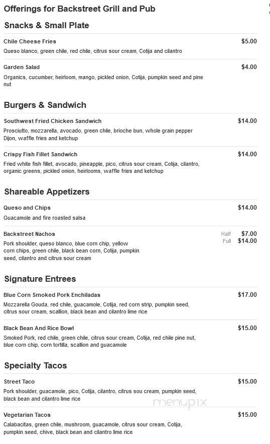 Backstreet Grill and Pub - Elyria, OH menu_pic