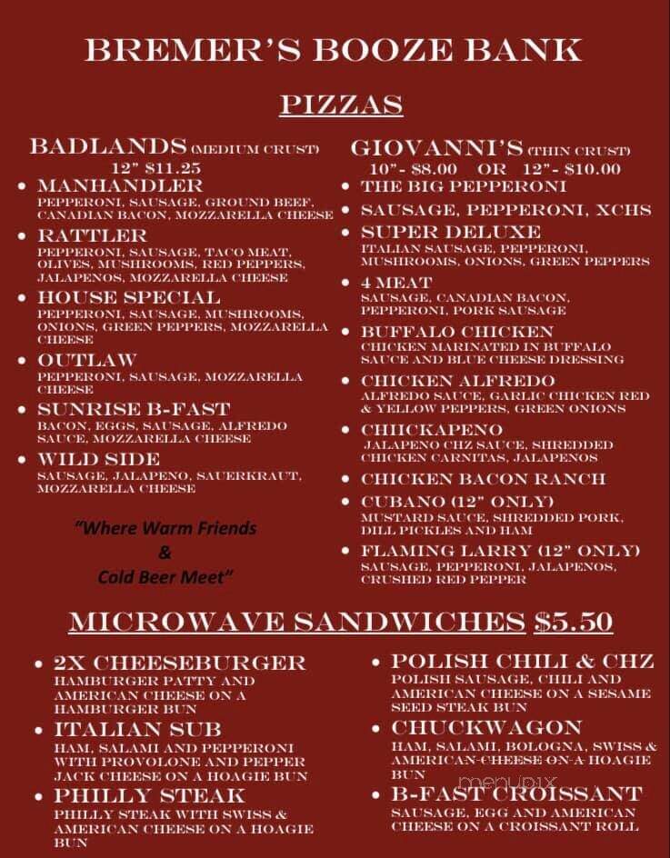 Bremer's Bar - Motley, MN menu_pic