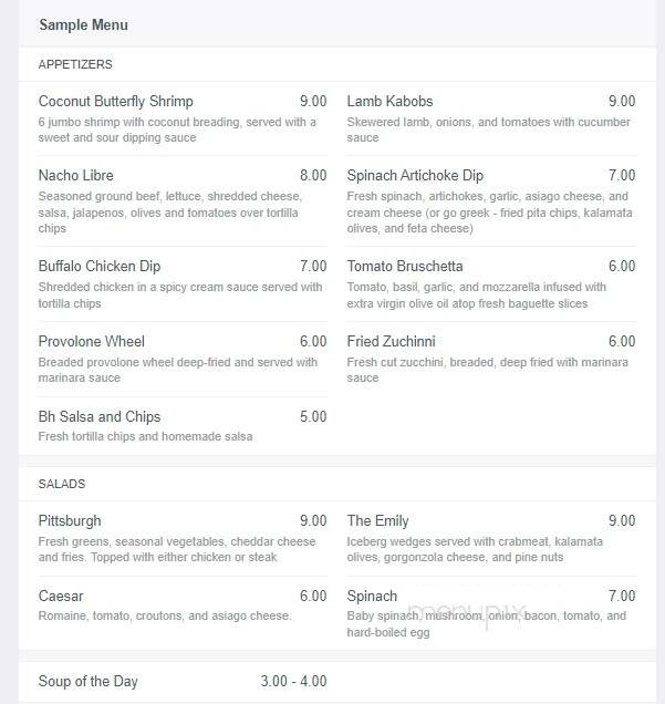 Eau Claire Street Cafe Bar - Butler, PA menu_pic