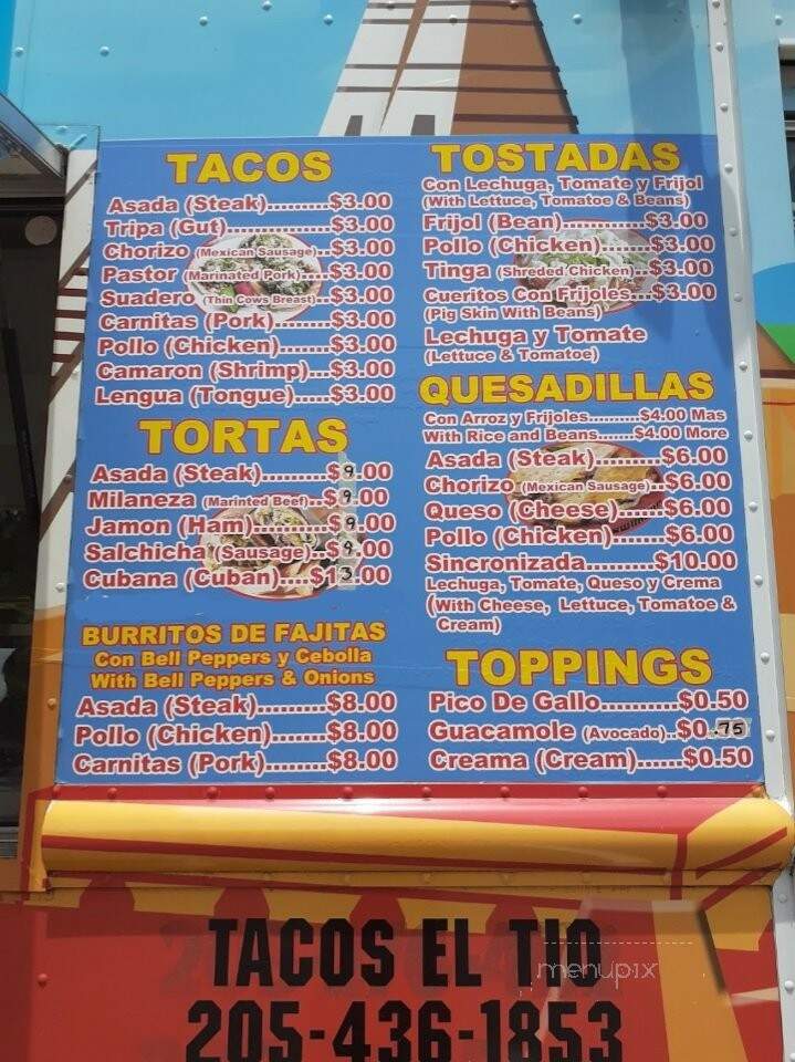 Menu of Tacos El Tio in ALABASTER, AL 35007