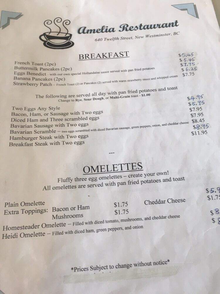 Amelia Restaurant - New Westminster, BC menu_pic