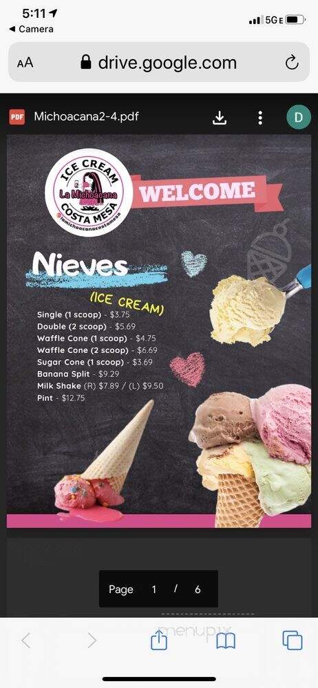 La Michoacana - Costa Mesa, CA menu_pic
