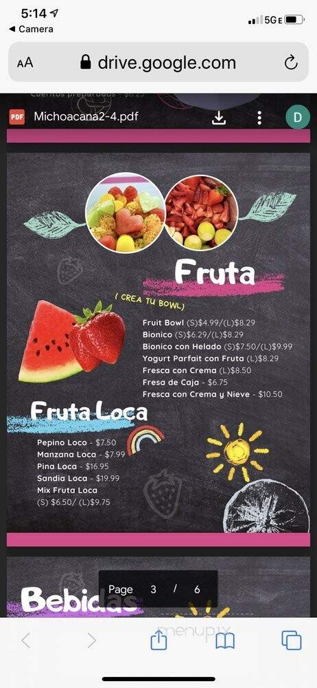 La Michoacana - Costa Mesa, CA menu_pic