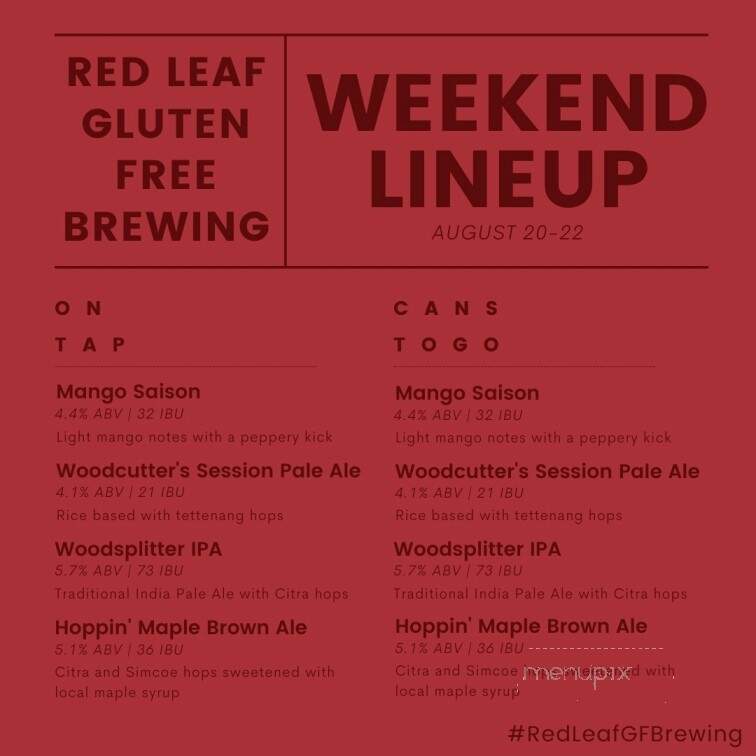 Red Leaf Gluten-Free Brewing - Jeffersonville, VT menu_pic