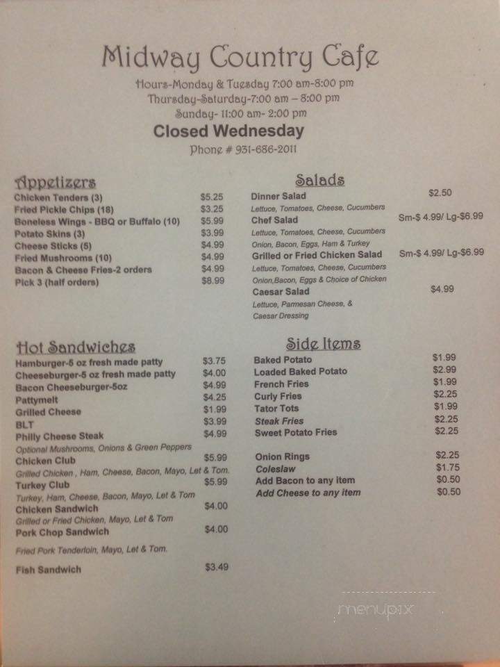 Midway Country Cafe - Rock Island, TN menu_pic