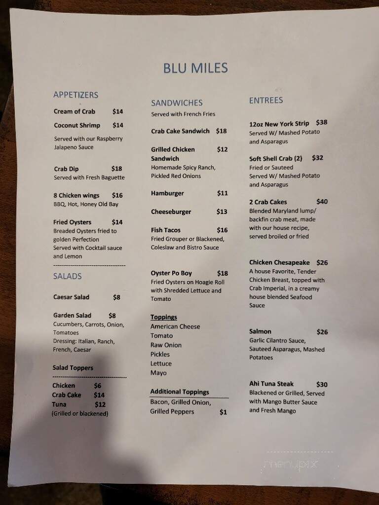 Blu Miles Seafood & Grill - Saint Michaels, MD menu_pic