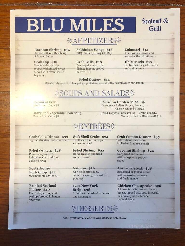 Blu Miles Seafood & Grill - Saint Michaels, MD menu_pic