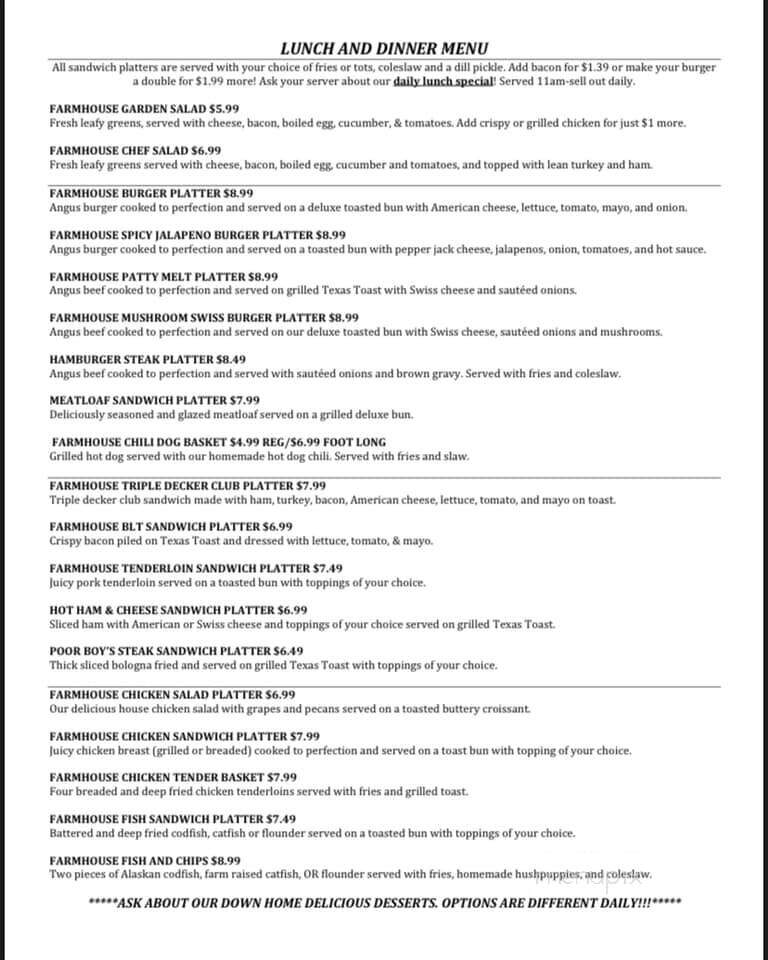 The Farmhouse Diner - Salyersville, KY menu_pic