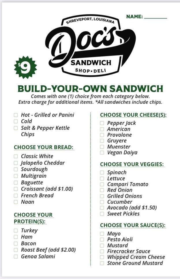 Doc's Sandwich Shop & Deli - Shreveport, LA menu_pic