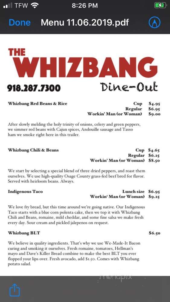 The Whizbang Dine-Out - Pawhuska, OK menu_pic