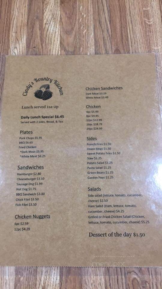 Cindy's Kountry Kitchen - Chadbourn, NC menu_pic