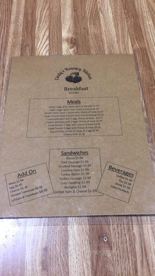 Cindy's Kountry Kitchen - Chadbourn, NC menu_pic