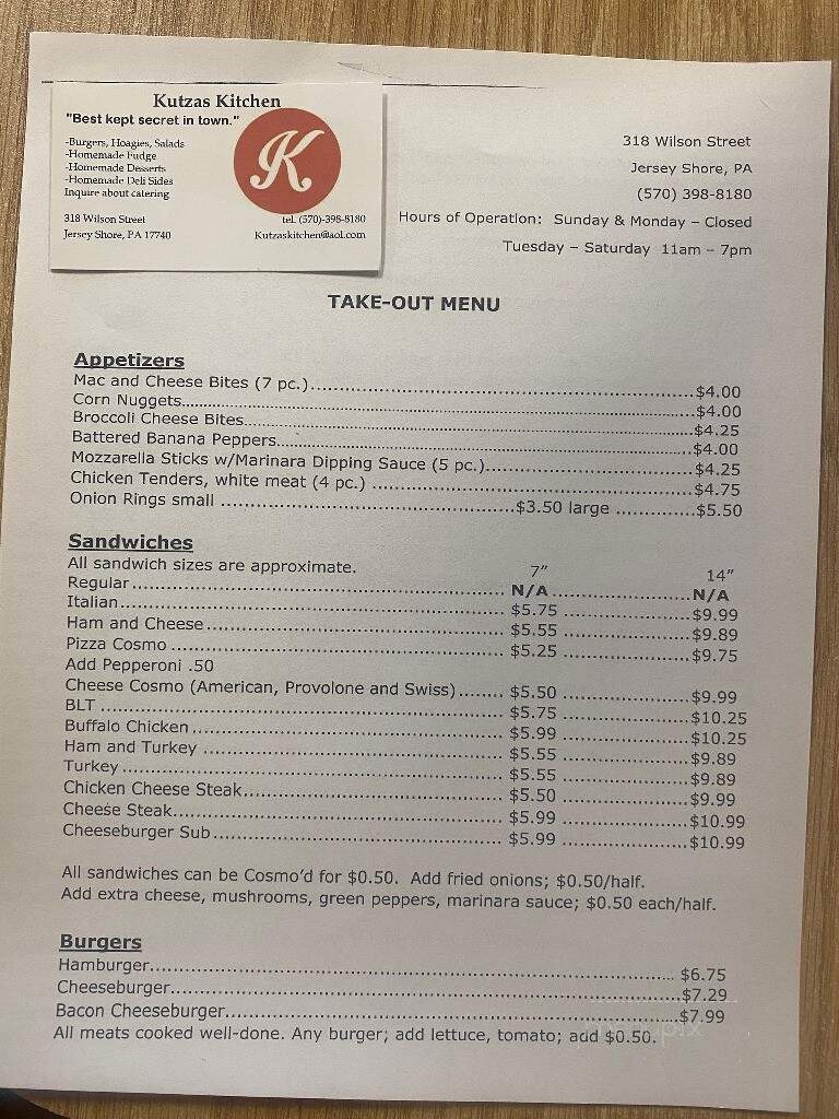 Kutzas Kitchen - Jersey Shore, PA menu_pic