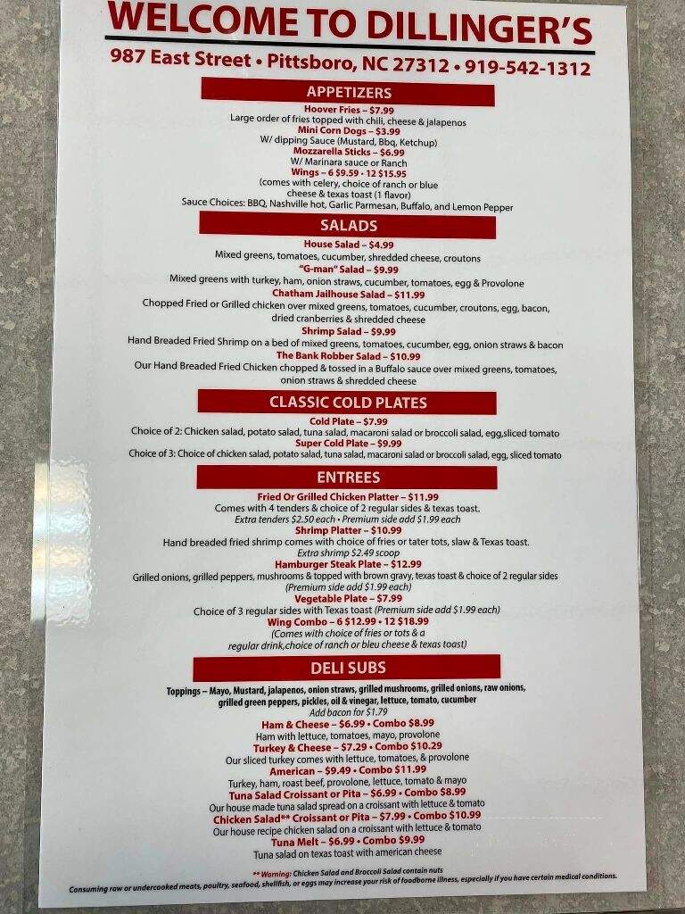 Dillingers Diner - Pittsboro, NC menu_pic
