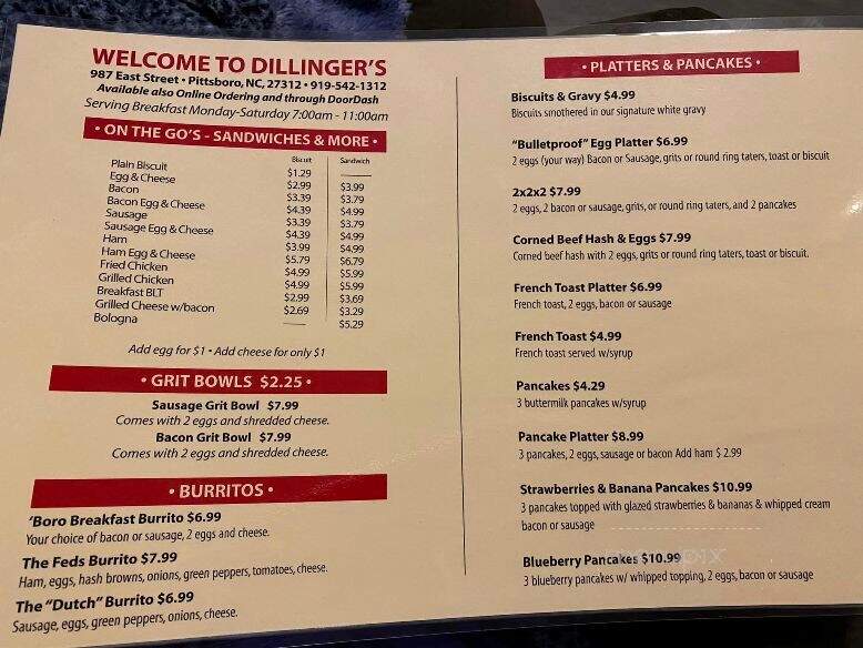 Dillingers Diner - Pittsboro, NC menu_pic
