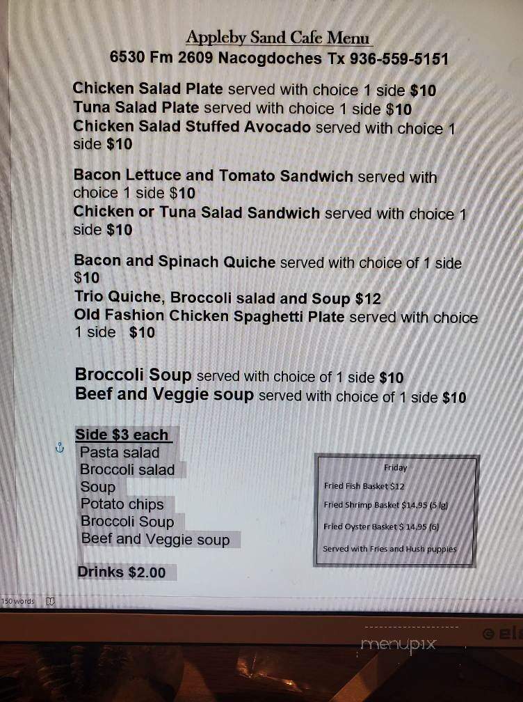 Appleby Sand Cafe - Nacogdoches, TX menu_pic