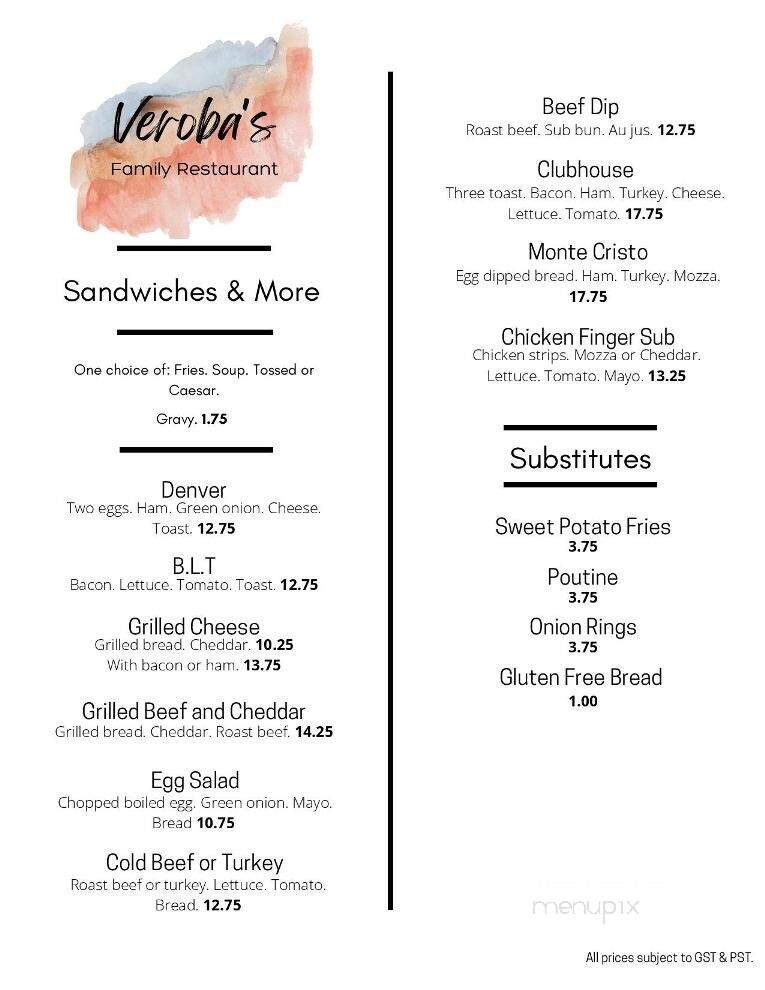 Veroba's Family Restaurant - Moose Jaw, SK menu_pic