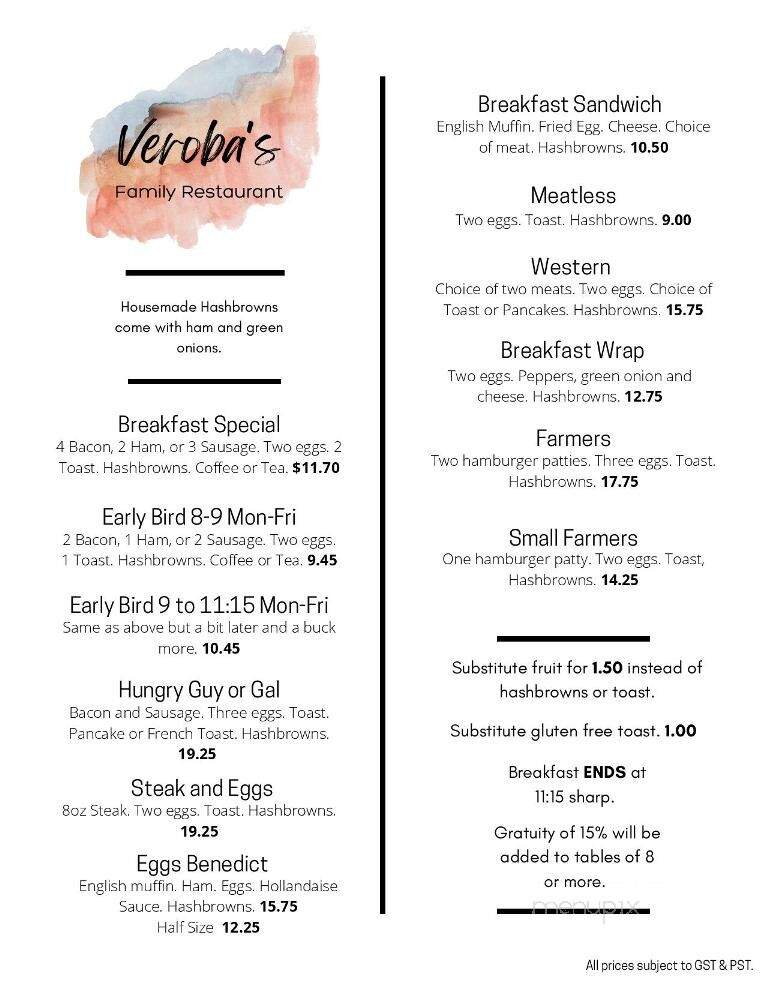 Veroba's Family Restaurant - Moose Jaw, SK menu_pic