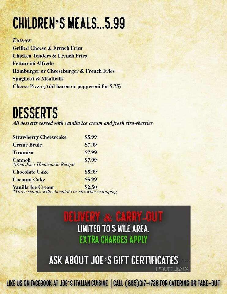 Joe's Italian Cuisine - Maryville, TN menu_pic