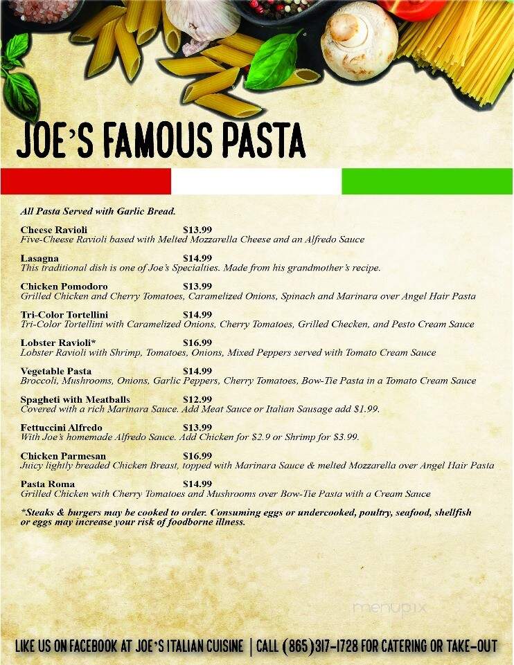 Joe's Italian Cuisine - Maryville, TN menu_pic