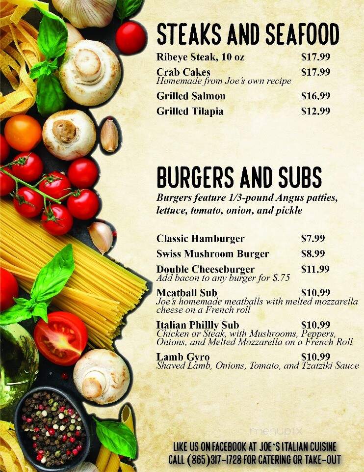 Joe's Italian Cuisine - Maryville, TN menu_pic