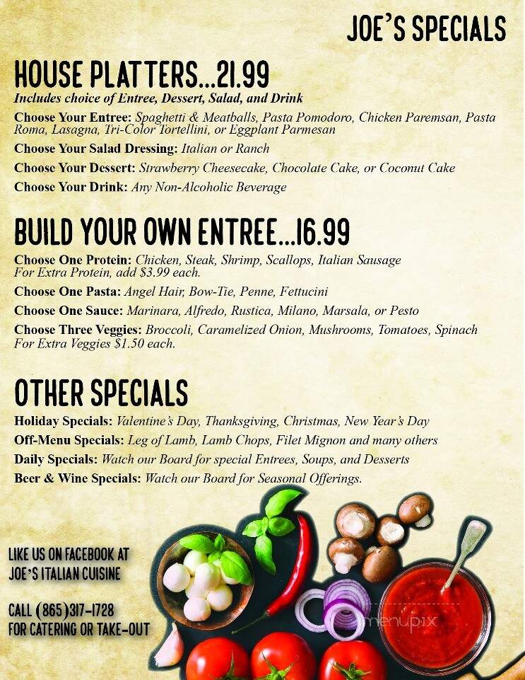 Joe's Italian Cuisine - Maryville, TN menu_pic
