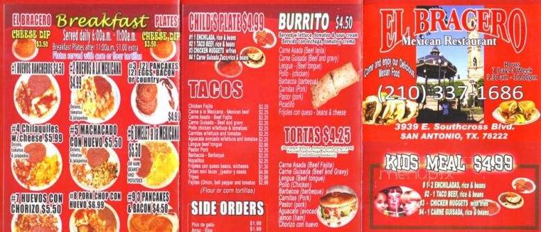 El Bracero Mexican Restaurant - San Antonio, TX menu_pic