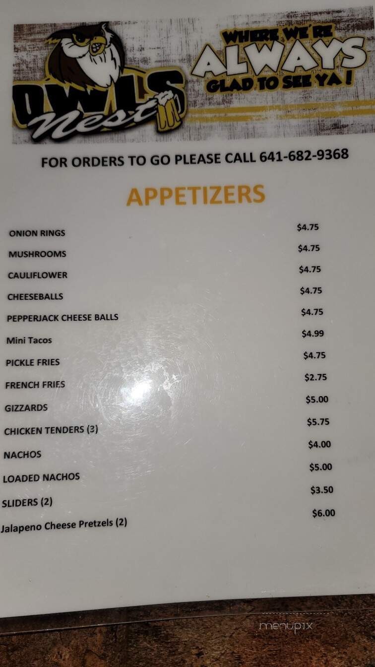 Owl's Nest - Ottumwa, IA menu_pic