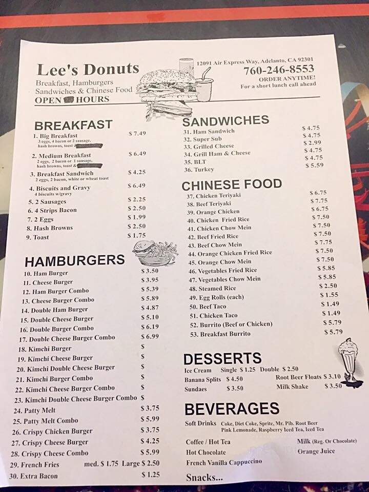 Lee's Donuts - Adelanto, CA menu_pic