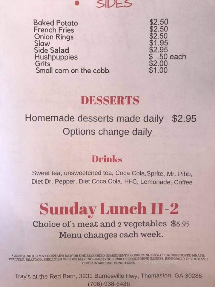 Tray's At The Red Barn - Thomaston, GA menu_pic