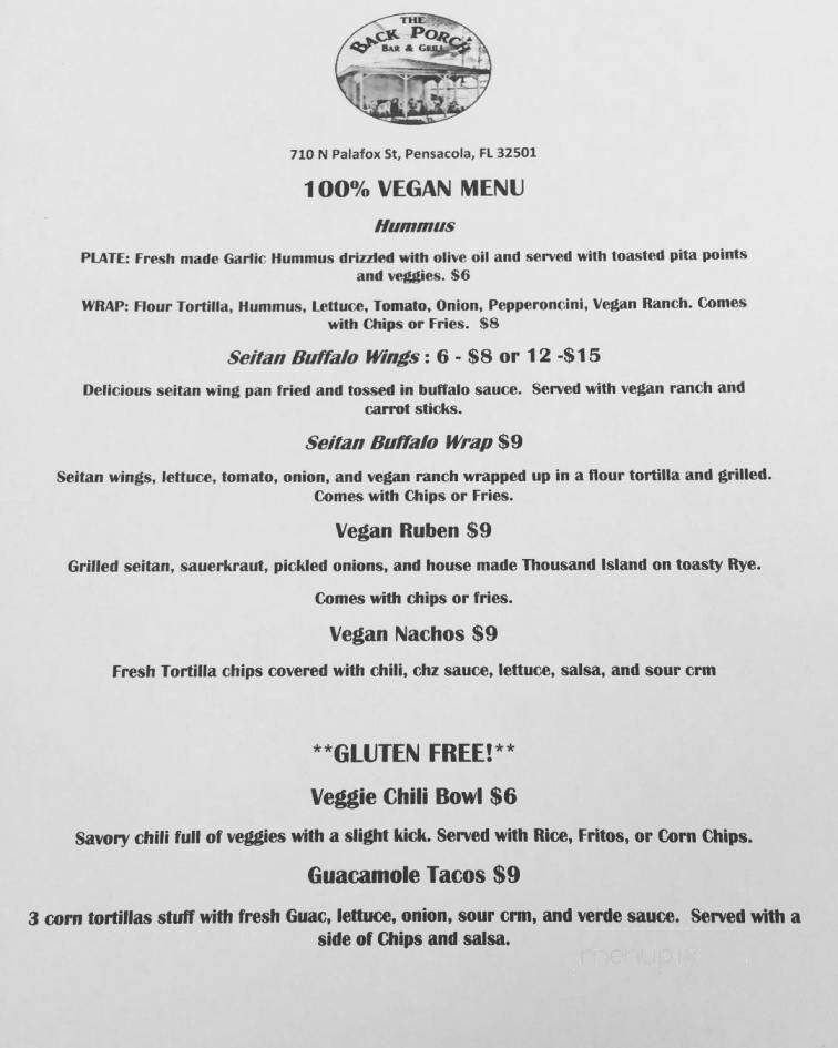Back Porch Bar and Grill - Pensacola, FL menu_pic