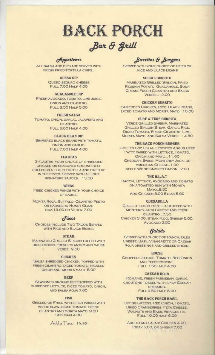 Back Porch Bar and Grill - Pensacola, FL menu_pic
