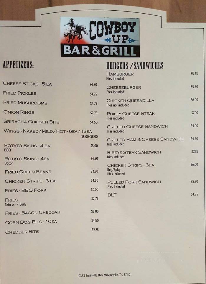 Cowboy Up Bar and Grill - Mcminnville, TN menu_pic