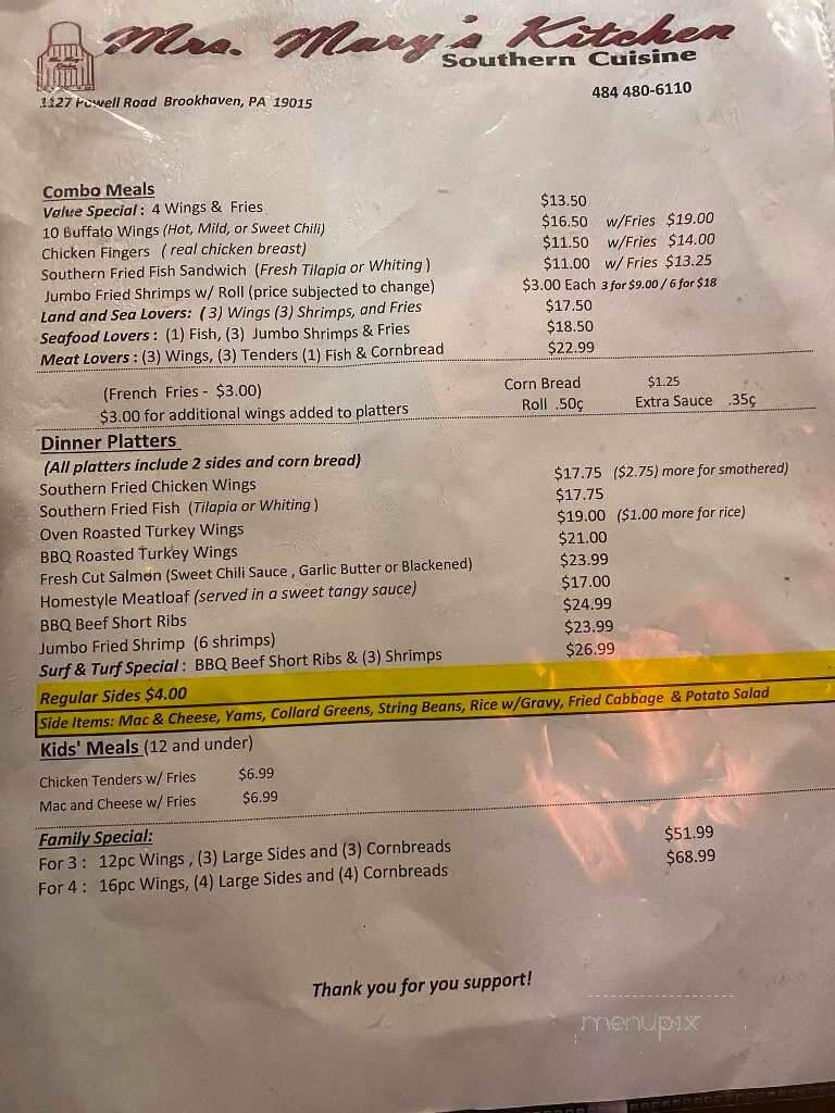 Mrs. Mary's Kitchen - Brookhaven, PA menu_pic